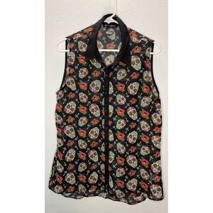 Hot Topic Sugar Skull Top Womens XL Black Sleeveless Button Up Excellent Goth